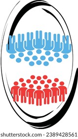 "Grupo de personas de pie en un círculo" es un activo versátil adecuado para varios proyectos de diseño como la construcción de equipos, la unidad, la lluvia de ideas o eventos comunitarios.