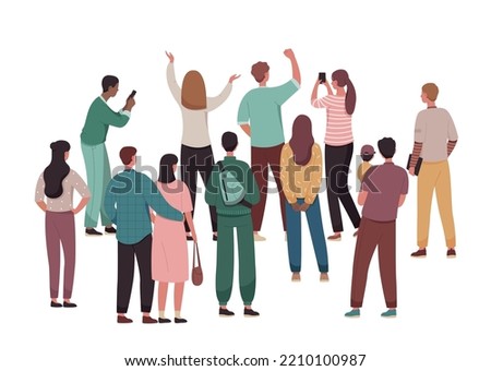 Group of people standing. Crowd, men and women in casual clothes with smartphones and briefcases on white background. Graphic element for website, poster or banner. Cartoon flat vector illustration