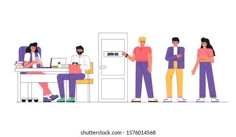 Group of people standing in door, to the manager to have a job interview. HR Manager sits at a laptop and holds a resume, opposite sits a candidate interviewed for a job.
