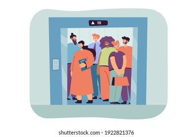 Group of people standing in elevator isolated flat vector illustration. Cartoon different characters inside lift with open doors. Office and building interior concept