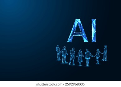 Group of people standing in front of AI symbol. Artificial intelligence adoption, digital transformation, and future technology concept. Abstract futuristic network. Futuristic vector illustration