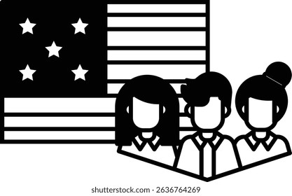 A group of people are standing in front of the American flag. The flag is black and white