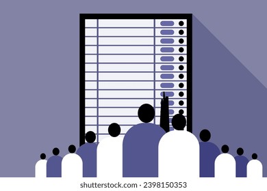 Eine Gruppe von Menschen, die vor dem elektronischen Abstimmungsgerät stehen, um abzustimmen