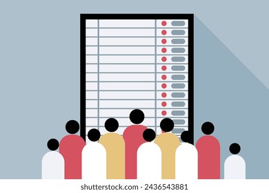 A group of people standing in front of Electronic voting machine