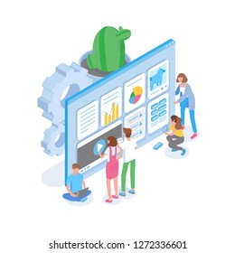 Group of people standing in front of giant computer screen and optimizing website for search engines. SEO analytics, internet or digital marketing, web analytics. Modern isometric vector illustration.