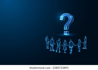 Group of people standing in front of glowing question mark on dark blue background. Decision making, problem solving, uncertainty futuristic concept. Abstract wireframe design. Vector illustration. 