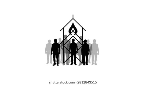 A group of people standing in front of a house outline containing a fire symbol representing community and home safety