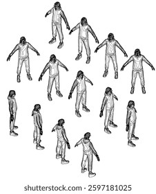 A group of people are standing in a glasses. Isometric view