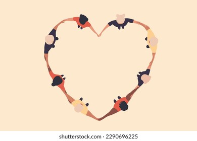 Group of people standing in a heart shape. Diversity and friendship concept. Top view. Men and women standing together. Cohesion, unity or charity concept. Flat vector illustration