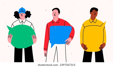 Group of People standing and holding blank empty Speech bubbles. Social media, chat, conversation, message, contact, meeting concept. Cartoon style isolated characters. Hand drawn Vector illustration