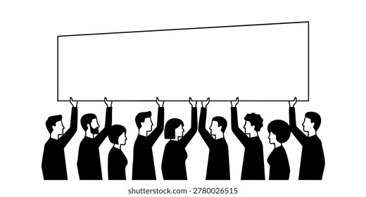 A group of people standing and holding up a large sign together outdoors. A group of people are marching and holding up a large sign together outdoors. People holding a large blank sign in a crowd