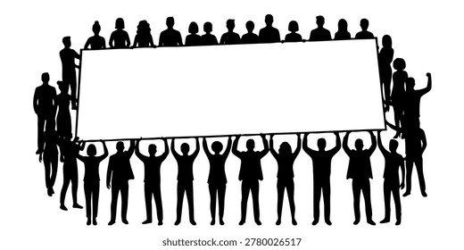 A group of people standing and holding up a large sign together outdoors. A group of people are marching and holding up a large sign together outdoors. People holding a large blank sign in a crowd