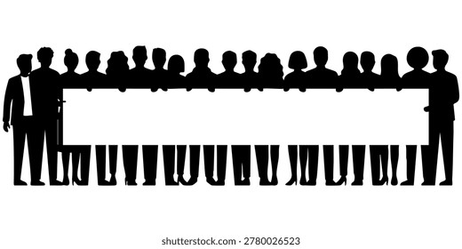 A group of people standing and holding up a large sign together outdoors. A group of people are marching and holding up a large sign together outdoors. People holding a large blank sign in a crowd
