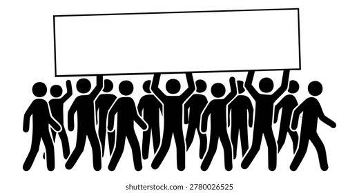 A group of people standing and holding up a large sign together outdoors. A group of people are marching and holding up a large sign together outdoors. People holding a large blank sign in a crowd