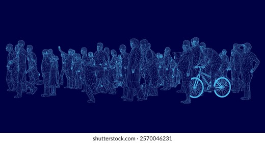 Group of people are standing in a line, with a bicycle in the middle. The image has a futuristic feel to it, with the people and bicycle appearing to be in a virtual world