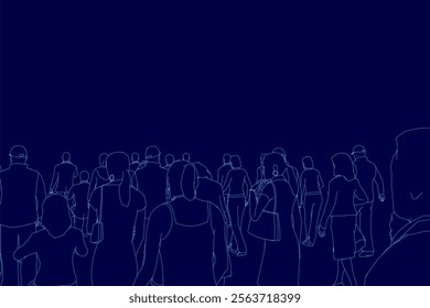 Group of people are standing in a line. The image is in blue and the people are drawn in a stylized way. Scene is somewhat somber