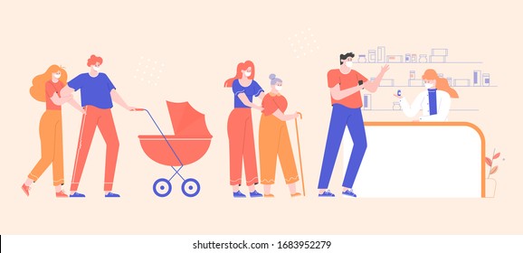 Group of people standing in line for medicines in a pharmacy. Young parents with a stroller, a girl with a grandmother, a guy with a phone. Characters in medical masks. Vector flat illustration.