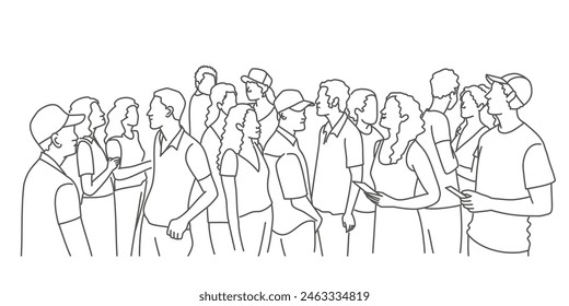 A group of people are standing in a line. Some of them are holding cell phones. Scene is casual and social. Hand drawn vector illustration. Black and white.