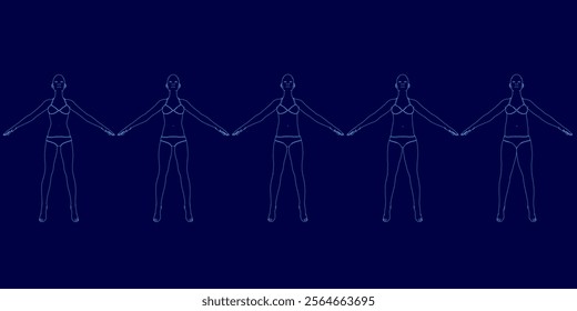 Group of people are standing in a line, with their arms outstretched. The image has a futuristic and technological feel to it. The girl is getting fat