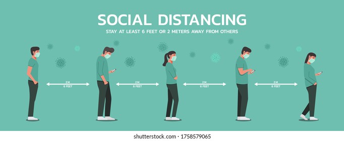 group of people standing in a line together and maintain social distancing to prevent virus spreading, man and woman keep distance, character flat vector illustration