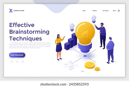 Group Of People standing near giant light bulb. Concept of innovative idea, brainstorming, teamwork, modern thinking. Isometric vector illustration for advertisement landing page