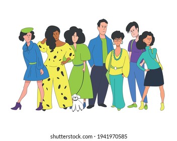Group of people standing next to each other. Company of friends posing together. People of different gender and age.