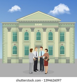 Group of people standing on bank building facade background banner vector illustration. Official men and women discussing financial issues or problems. Architecture building with columns.