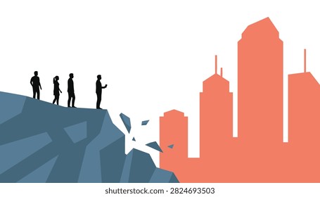 Group of people standing on a crumbling cliff edge facing a modern city skyline signifying risk and economic instability.