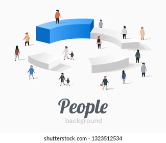 Group of people standing on pie chart conceptual vector design.