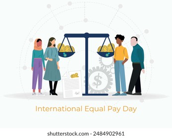 A group of people standing on a scale with the words International Equal Pay Day written below them. Concept of equality and the importance of fair pay for all individuals