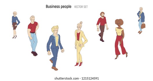 Group of people standing on white background vector. Business men and women cartoon style characters isolated.