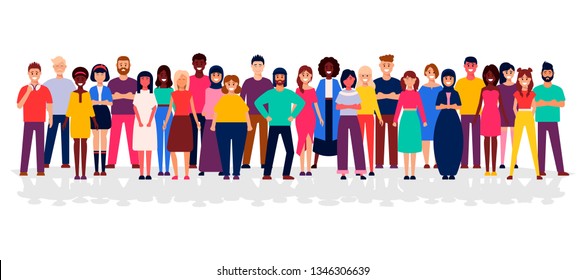 A group of people standing on a white background. Business people and business women in flat design characters