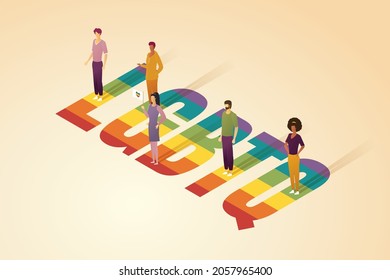 Group of People Standing on word letters LGBTQ, Couples, Men and Women, Human Rights and Discrimination. isometric vector illustration.