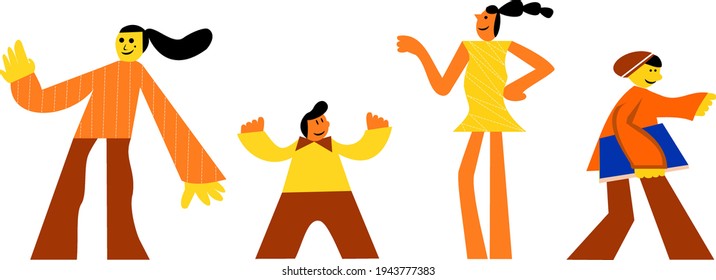 Group Of People Standing, Presenting, Pointing, Smiling (Logo Sign Symbol Vector Icon Design Cartoon). Happy Face Expression. Marketing, Business Concept