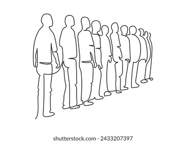 Group of people standing in queue, continuous one line drawing. Crowd of people silhouette waiting in line. Minimalist simple linear style. Vector outline illustration