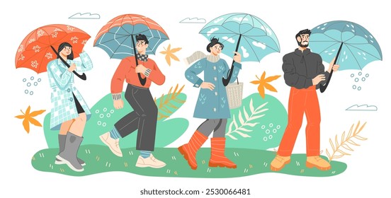 Group of people standing in the rain with umbrellas, flat vector illustration isolated on white background. Autumn or spring rainy weather. People walking in the rain.