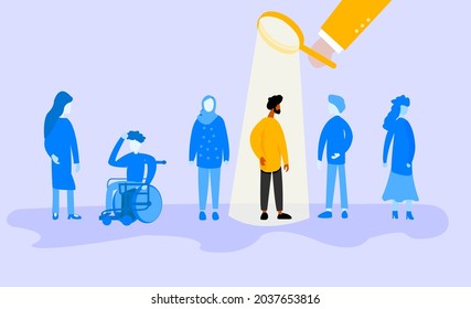 A group of people standing for recruitment and one person is selected out of all people, the recruiter is using magnifying glass to hire the perfect employee 