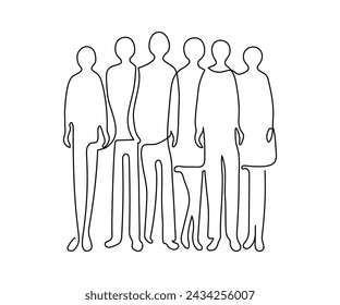 Group of people standing in row, continuous one line drawing. Crowd of people silhouette. Minimalist simple linear style. Vector outline illustration