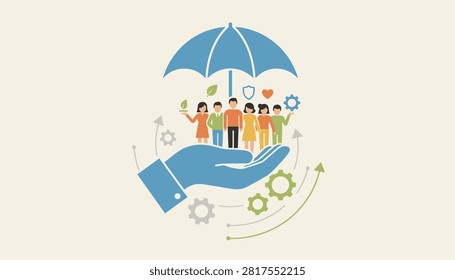 Group of people standing safely under an umbrella held by giant blue hands representing protective insurance and community wellness.