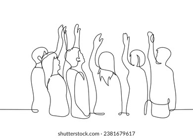 group of people standing with their hands raised - one line art vector. concept voting, roll call