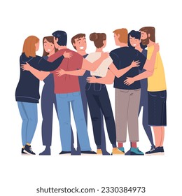 Group of people standing together in circle and hugging. Friendship, collaboration, team spirit concept vector illustration