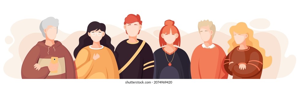 Group of people standing together community and togetherness concept, diversity portrait. Characters men and women isolated on white. Crowd community. Social diversity friends or relatives