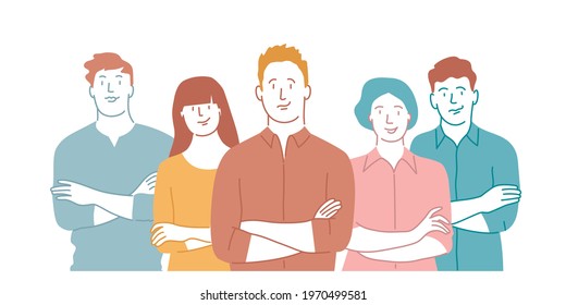 Group of people standing together with crossed arms. Flat vector illustration.