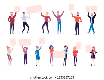 Group of people standing together and holding blank banner, protesters or activists. People taking part in parade or rally. Editable vector illustration