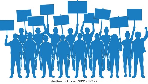A group of people standing together holding up blank signs for protest or demonstration. Vector illustration featuring a crowd of diverse protesters.