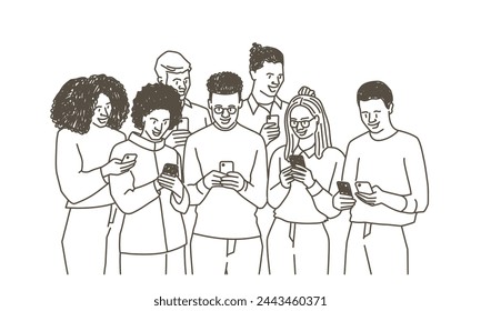 Un grupo de personas están juntas mirando sus teléfonos celulares. La escena es casual y relajada. Dibujado a mano ilustración vectorial. Blanco y negro.