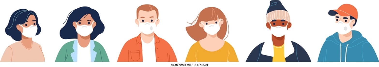 Group of people standing together to prevention coronavirus 2019-ncov disease. Crowd of people in protection face masks to protect from Covid-19 in public society. Safety space