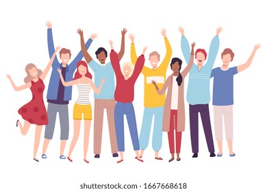 Group Of People Standing Together With Raising Hands, Happy Young Men And Women Having Fun Or Celebrating Success Flat Vector Illustration