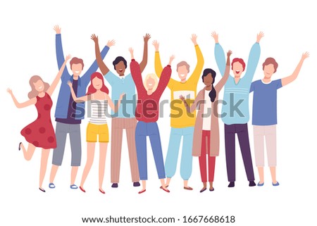 Group of People Standing Together with Raising Hands, Happy Young Men and Women Having Fun or Celebrating Success Flat Vector Illustration