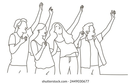 A group of people are standing together and smiling. They are all dressed in casual clothes and seem to be having a good time. Hand drawn vector illustration. Black and white.